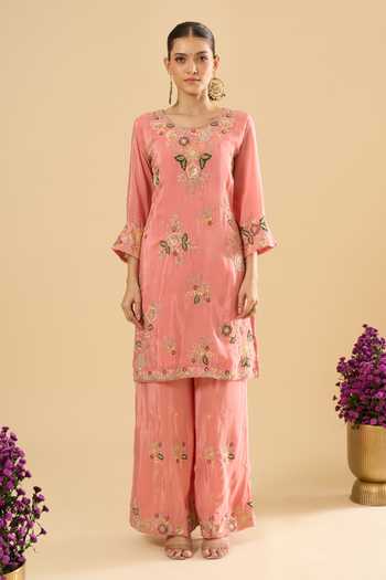 Shop_Samyukta Singhania_Peach Silk Embroidery, Zari Round Neck Kurta Sharara Set _Online_at_Aza_Fashions