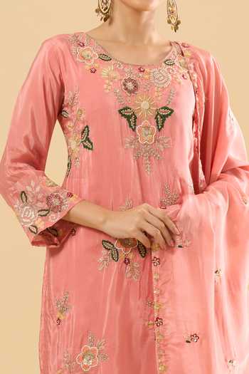 Samyukta Singhania_Peach Silk Embroidery, Zari Round Neck Kurta Sharara Set _at_Aza_Fashions