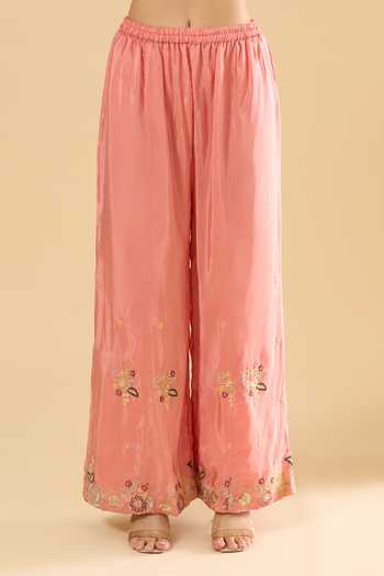 Buy_Samyukta Singhania_Peach Silk Embroidery, Zari Round Neck Kurta Sharara Set 