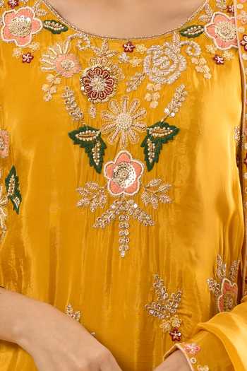 Samyukta Singhania Yellow Silk Embroidery Round Neck Kurta Sharara Set Online at Aza Fashions Samyukta Singhania_Yellow Silk Embroidery Round Neck Kurta Sharara Set _Online_at_Aza_Fashions