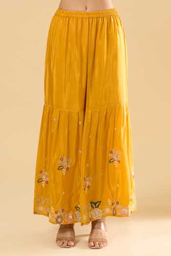 Buy Samyukta Singhania Yellow Silk Embroidery Round Neck Kurta Sharara Set Online at Aza Fashions Buy_Samyukta Singhania_Yellow Silk Embroidery Round Neck Kurta Sharara Set _Online_at_Aza_Fashions