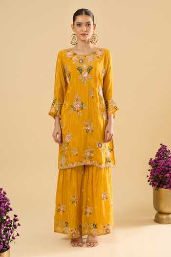 Shop Samyukta Singhania Yellow Silk Embroidery Round Neck Kurta Sharara Set Online at Aza Fashions Shop_Samyukta Singhania_Yellow Silk Embroidery Round Neck Kurta Sharara Set _Online_at_Aza_Fashions