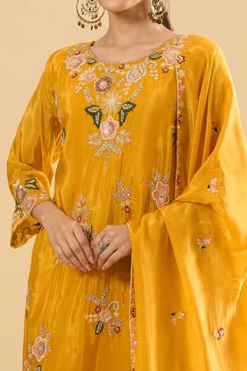 Samyukta Singhania Yellow Silk Embroidery Round Neck Kurta Sharara Set at Aza Fashions Samyukta Singhania_Yellow Silk Embroidery Round Neck Kurta Sharara Set _at_Aza_Fashions