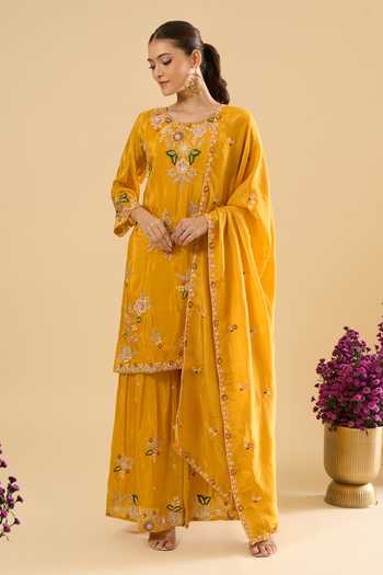 Buy Samyukta Singhania Yellow Silk Embroidery Round Neck Kurta Sharara Set Buy_Samyukta Singhania_Yellow Silk Embroidery Round Neck Kurta Sharara Set