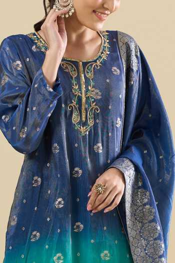 Khwaab By Sanjana Lakhani_Blue Jacquard Zari Round Neck Floral Woven Kurta Set _Online_at_Aza_Fashions