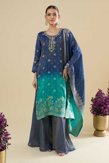 Buy_Khwaab By Sanjana Lakhani_Blue Jacquard Zari Round Neck Floral Woven Kurta Set _Online_at_Aza_Fashions