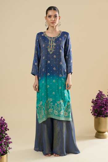 Shop_Khwaab By Sanjana Lakhani_Blue Jacquard Zari Round Neck Floral Woven Kurta Set _Online_at_Aza_Fashions