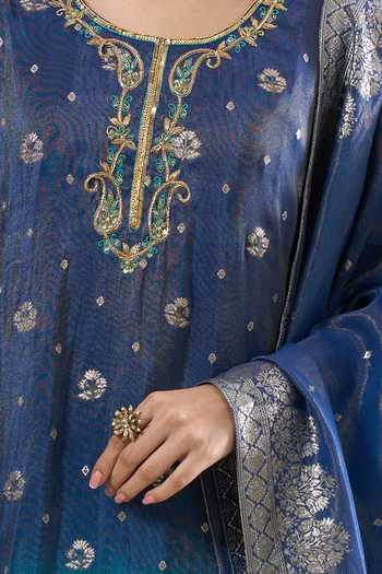Buy_Khwaab By Sanjana Lakhani_Blue Jacquard Zari Round Neck Floral Woven Kurta Set 
