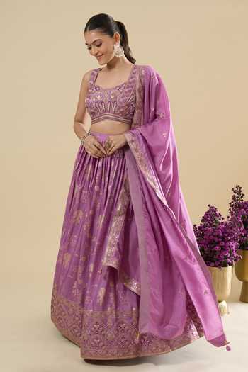 Buy_Samyukta Singhania_Purple Jacquard Floral Motif Lehenga Set _Online_at_Aza_Fashions