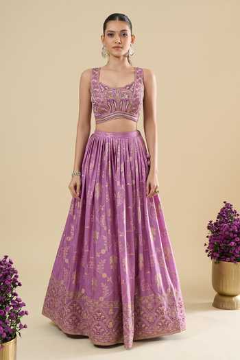 Shop_Samyukta Singhania_Purple Jacquard Floral Motif Lehenga Set _Online_at_Aza_Fashions