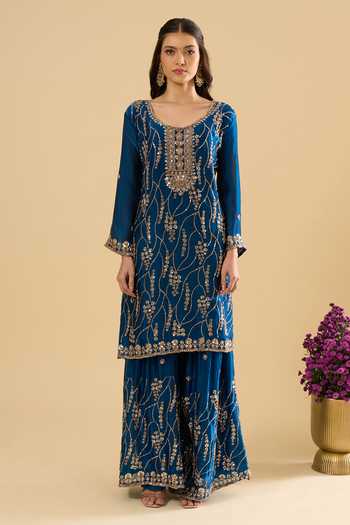 Samyukta Singhania_Blue Satin Sequins, Zari, Stones Scoop Neck Embroidered Kurta Set _Online_at_Aza_Fashions