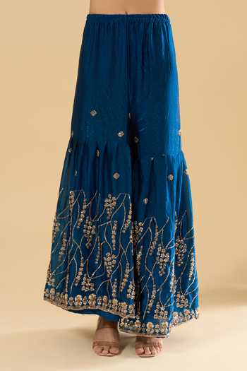 Buy_Samyukta Singhania_Blue Satin Sequins, Zari, Stones Scoop Neck Embroidered Kurta Set _Online_at_Aza_Fashions
