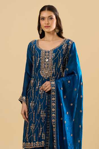 Shop_Samyukta Singhania_Blue Satin Sequins, Zari, Stones Scoop Neck Embroidered Kurta Set _Online_at_Aza_Fashions