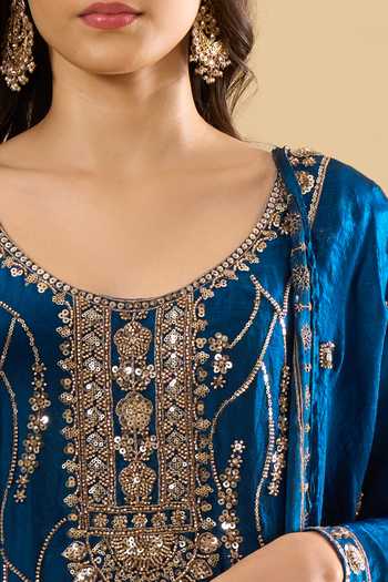 Samyukta Singhania_Blue Satin Sequins, Zari, Stones Scoop Neck Embroidered Kurta Set _at_Aza_Fashions