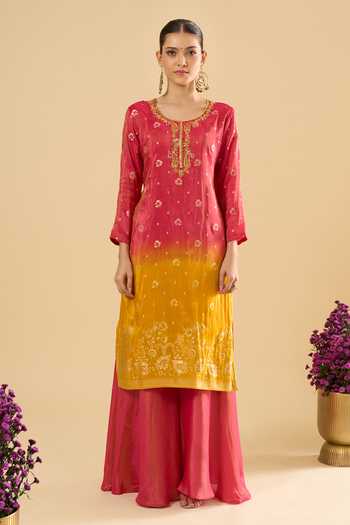 Khwaab By Sanjana Lakhani_Pink Jacquard Embroidery, Zari Round Neck Woven Kurta Sharara Set _Online_at_Aza_Fashions