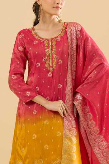 Buy_Khwaab By Sanjana Lakhani_Pink Jacquard Embroidery, Zari Round Neck Woven Kurta Sharara Set _Online_at_Aza_Fashions