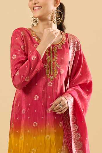 Khwaab By Sanjana Lakhani_Pink Jacquard Embroidery, Zari Round Neck Woven Kurta Sharara Set _at_Aza_Fashions