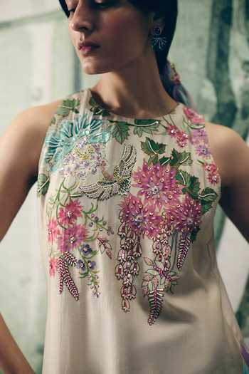 Buy_Paulmi And Harsh_Ivory Silk, Organza Embroidery High Neck Shiro Floral Print And Kurta Set 