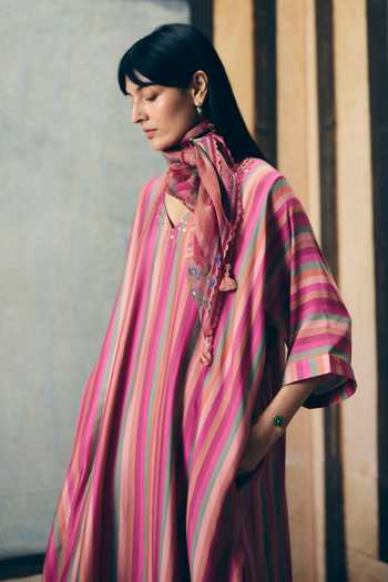 Paulmi And Harsh_Pink Modal, Silk Keyhole Neck Ayaka Striped Kurta And Pant Set _Online_at_Aza_Fashions