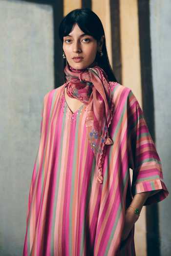 Buy_Paulmi And Harsh_Pink Modal, Silk Keyhole Neck Ayaka Striped Kurta And Pant Set _Online_at_Aza_Fashions
