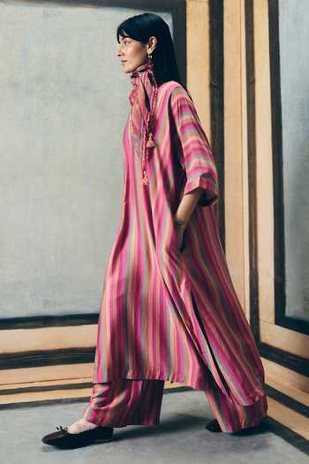 Shop_Paulmi And Harsh_Pink Modal, Silk Keyhole Neck Ayaka Striped Kurta And Pant Set _Online_at_Aza_Fashions