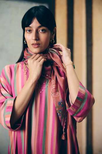 Paulmi And Harsh_Pink Modal, Silk Keyhole Neck Ayaka Striped Kurta And Pant Set _at_Aza_Fashions