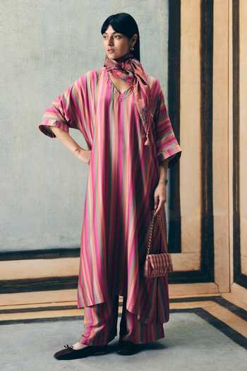 Buy_Paulmi And Harsh_Pink Modal, Silk Keyhole Neck Ayaka Striped Kurta And Pant Set 