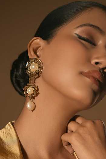 Bijoux By Priya Chandna_White Pearls, Crystals Noor Cascade Embellished Earrings _Online_at_Aza_Fashions
