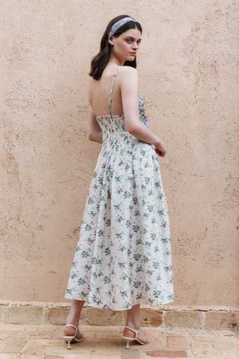 Buy_Shruti Sancheti_Blue Chanderi Embroidery, Lace Square Neck And Printed Midi Dress _Online_at_Aza_Fashions
