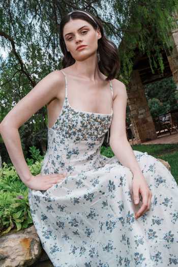 Shop_Shruti Sancheti_Blue Chanderi Embroidery, Lace Square Neck And Printed Midi Dress _Online_at_Aza_Fashions