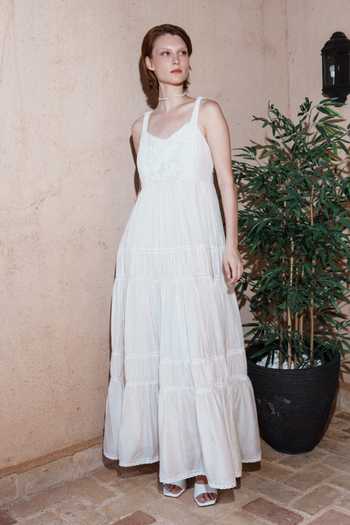 Shruti Sancheti_Ivory Embroidery Sweetheart Neck Tiered Dress _Online_at_Aza_Fashions