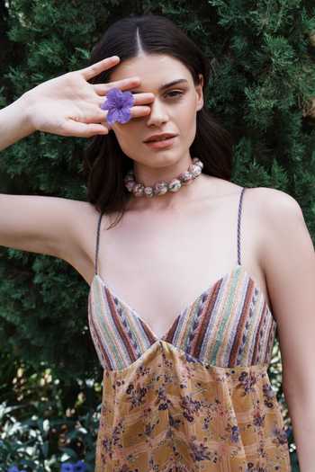 Shruti Sancheti_Beige Satin Embroidery Sweetheart Neck And Printed Dress _Online_at_Aza_Fashions