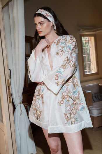 Shruti Sancheti_White Chanderi Embroidery, Applique Split V-neck Dress _Online_at_Aza_Fashions