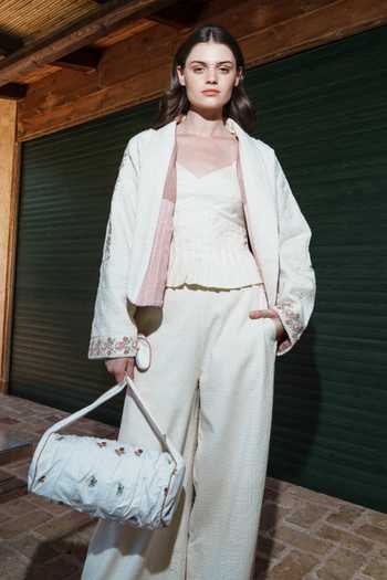 Shruti Sancheti White Lace Embroidery Shawl Neck Jacket Online at Aza Fashions Shruti Sancheti_White Lace Embroidery Shawl Neck Jacket _Online_at_Aza_Fashions