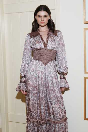 Shruti Sancheti_Pink Satin V-neck Paisley Print Maxi Dress _Online_at_Aza_Fashions