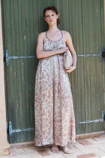 Shruti Sancheti_Beige Satin Embroidery, Mirrors Halter Neck Dress _Online_at_Aza_Fashions