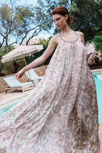 Shop_Shruti Sancheti_Beige Satin Embroidery, Mirrors Halter Neck Dress _Online_at_Aza_Fashions