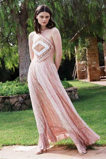 Shruti Sancheti_Pink Embroidery, Tassels Halter Neck And Printed Dress _Online_at_Aza_Fashions