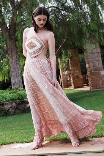 Buy_Shruti Sancheti_Pink Embroidery, Tassels Halter Neck And Printed Dress _Online_at_Aza_Fashions