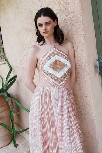 Shop_Shruti Sancheti_Pink Embroidery, Tassels Halter Neck And Printed Dress _Online_at_Aza_Fashions