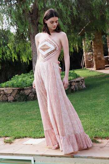 Shruti Sancheti_Pink Embroidery, Tassels Halter Neck And Printed Dress _at_Aza_Fashions