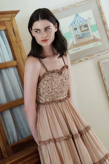 Shruti Sancheti_Beige Embroidery, Tassels Sweetheart Neck And Printed Maxi Dress _Online_at_Aza_Fashions