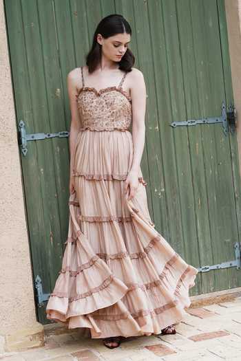 Buy_Shruti Sancheti_Beige Embroidery, Tassels Sweetheart Neck And Printed Maxi Dress _Online_at_Aza_Fashions