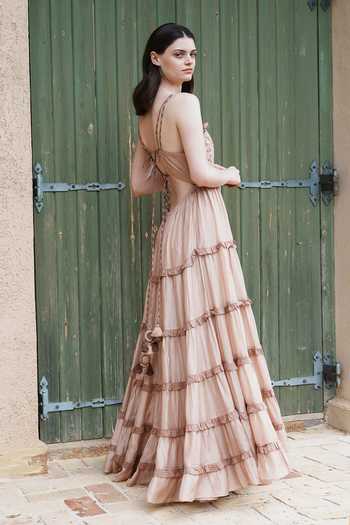 Shop_Shruti Sancheti_Beige Embroidery, Tassels Sweetheart Neck And Printed Maxi Dress _Online_at_Aza_Fashions
