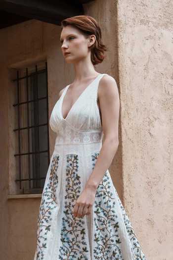 Shruti Sancheti_White Lace Embroidery Plunge Neck Floral Dress _Online_at_Aza_Fashions