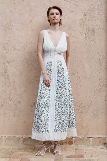 Buy_Shruti Sancheti_White Lace Embroidery Plunge Neck Floral Dress _Online_at_Aza_Fashions