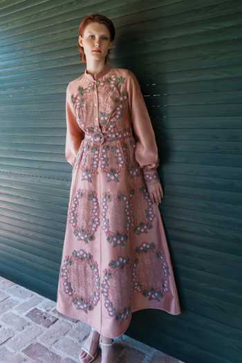 Shruti Sancheti_Pink Chanderi Embroidery, Pearls, Applique Mandarin Collar Dress With Belt _Online_at_Aza_Fashions
