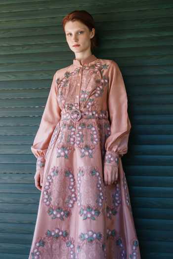 Buy_Shruti Sancheti_Pink Chanderi Embroidery, Pearls, Applique Mandarin Collar Dress With Belt _Online_at_Aza_Fashions