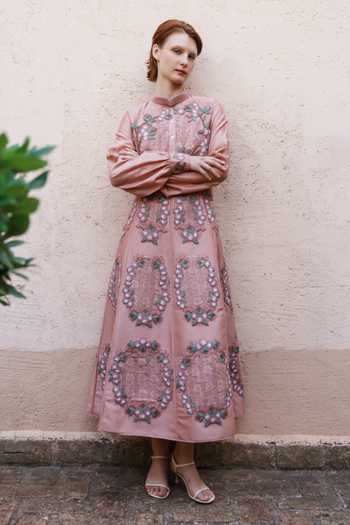 Shop_Shruti Sancheti_Pink Chanderi Embroidery, Pearls, Applique Mandarin Collar Dress With Belt _Online_at_Aza_Fashions