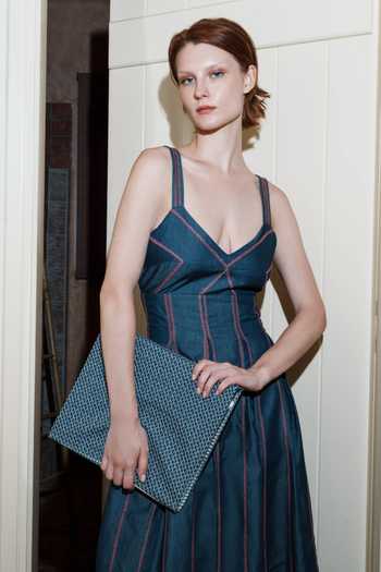 Shop_Shruti Sancheti_Blue Denim Embroidery V-neck Dress _Online_at_Aza_Fashions